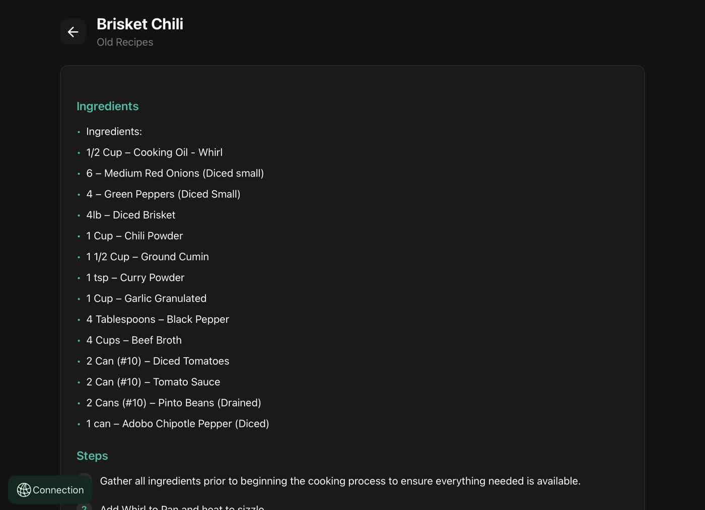 Actual TED recipe screen